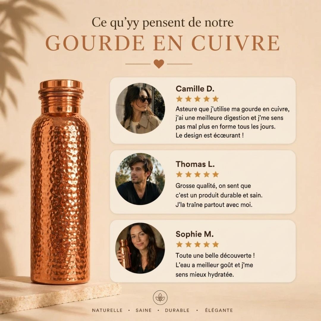 AquaCuivre – Gourde en cuivre purifie l’eau naturellement